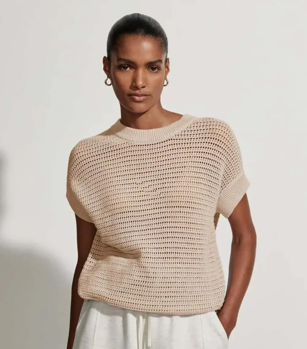 Varley Corvallis Knit Sweater in Moonlight Beige Size XS Short Sleeve Open Knit